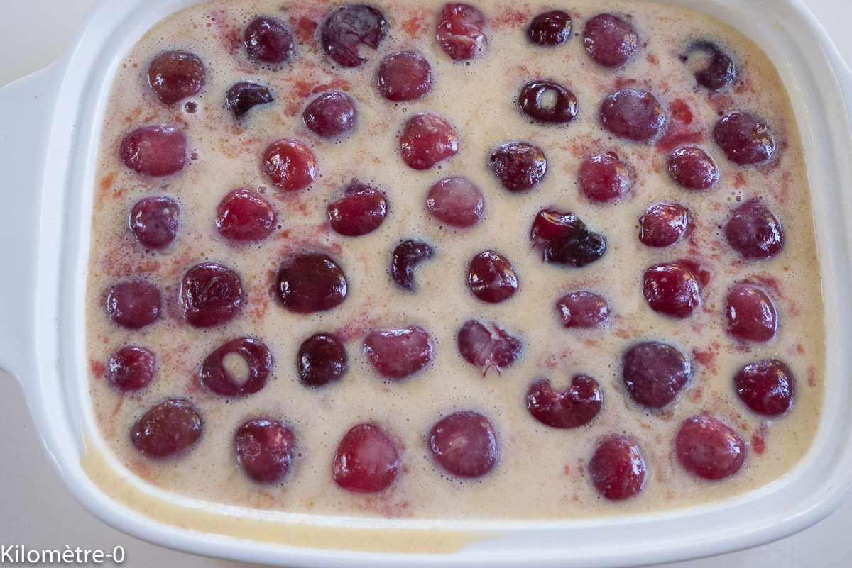 Photo de recette de clafoutis, cerises de Kilomètre-0, blog de cuisine réalisée à partir de produits locaux et issus de circuits courts