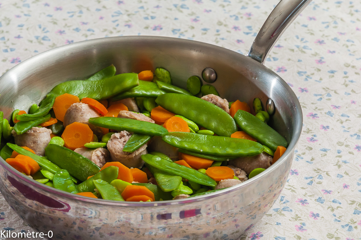 Photo de recette de poêlée, saucisse, haricots plats, fèves, facile, rapide de Kilomètre-0, blog de cuisine réalisée à partir de produits locaux et issus de circuits courts