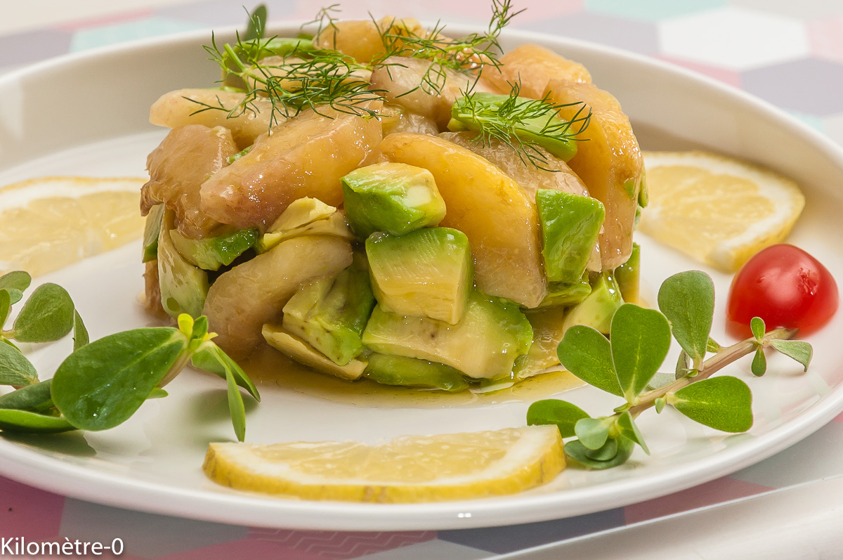 Photo de recette de salade de pêche, avocat, facile, rapide, léger de Kilomètre-0, blog de cuisine réalisée à partir de produits locaux et issus de circuits courts