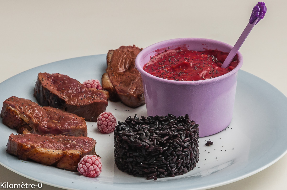 Photo de recette de magret, framboise, sorbet, riz noir, grillade de Kilomètre-0, blog de cuisine réalisée à partir de produits locaux et issus de circuits courts