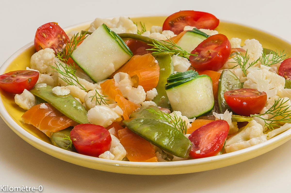 Photo de recette de salade, chou fleur, saumon fumé, concombre, pois gourmand, tomate, facile, léger de Kilomètre-0, blog de cuisine réalisée à partir de produits locaux et issus de circuits courts