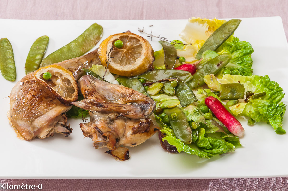 Photo de recette de poulet, four, citron thym, petits pois, fèves, haricots plats de Kilomètre-0, blog de cuisine réalisée à partir de produits locaux et issus de circuits courts