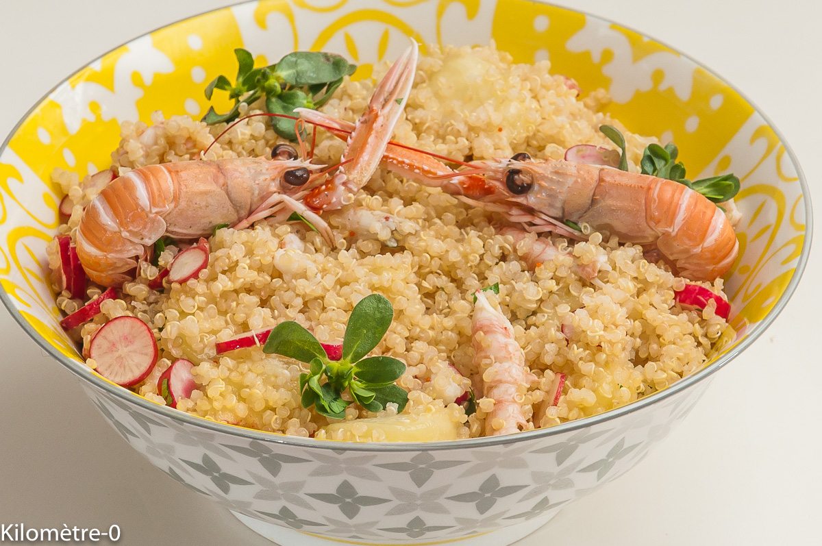 Photo de recette de salade, quinoa, langoustines, pêches, légère, été de Kilomètre-0, blog de cuisine réalisée à partir de produits locaux et issus de circuits courts