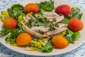 Photo de recette de salade, poulet, abricots, herbes de  Kilomètre-0, blog de cuisine réalisée à partir de produits locaux et issus de circuits courts