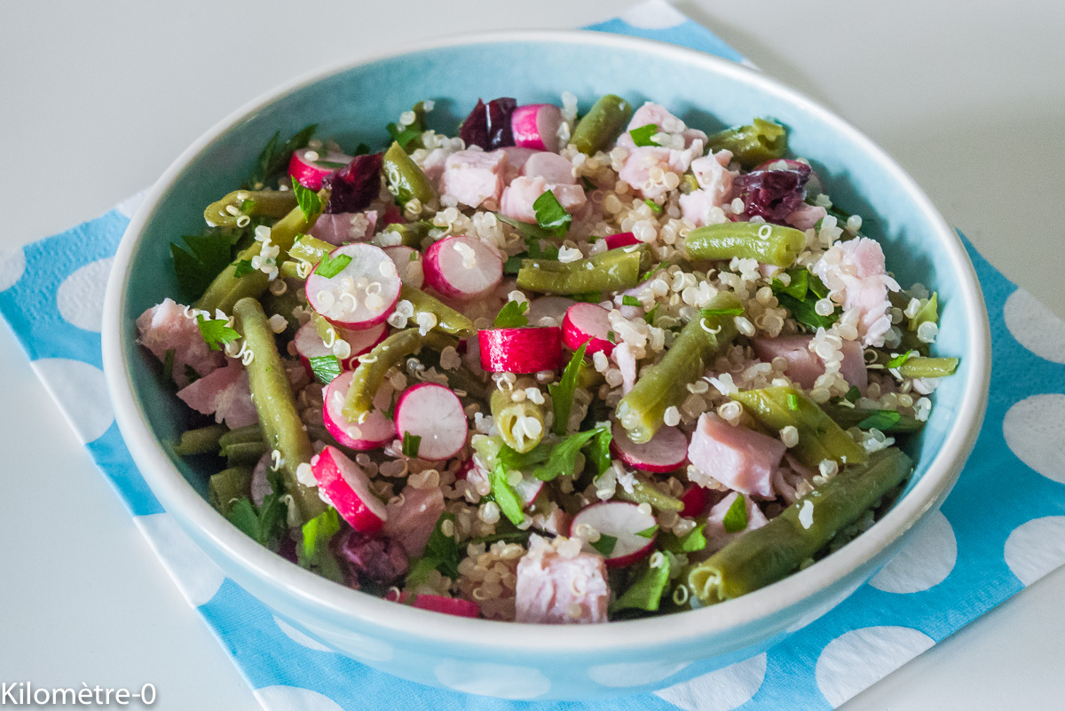 Photo de recette de salade, quinoa, cranberries, jambon, radis de Kilomètre-0, blog de cuisine réalisée à partir de produits locaux et issus de circuits courts