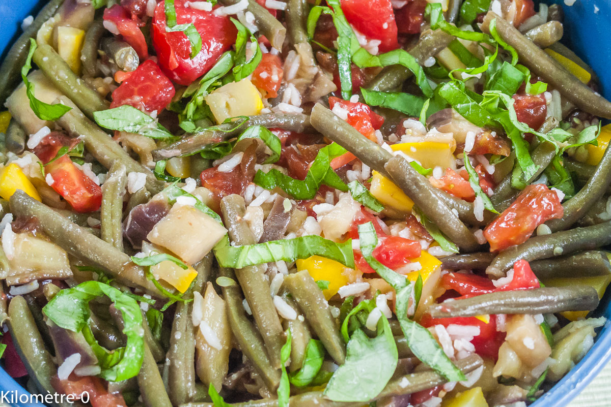 Photo de recette de salade, haricot vert, tomate, riz, légère, été, facile, bio de Kilomètre-0, blog de cuisine réalisée à partir de produits locaux et issus de circuits courts