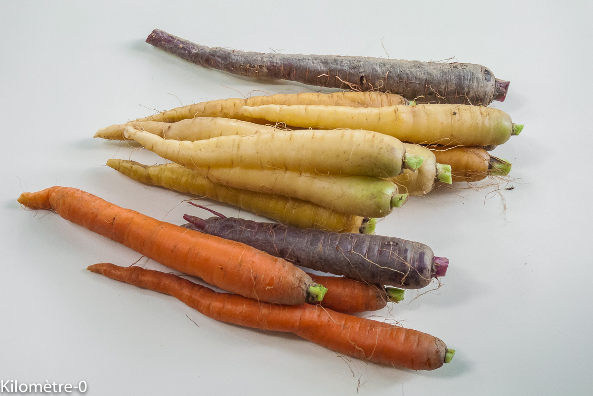Photo de recette de carotte, jaune, orange, violette de Kilomètre-0, blog de cuisine réalisée à partir de produits locaux et issus de circuits courts