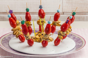 Photo de recette de  brochette apéro, tomates, moules de Kilomètre-0, blog de cuisine réalisée à partir de produits locaux et issus de circuits courts