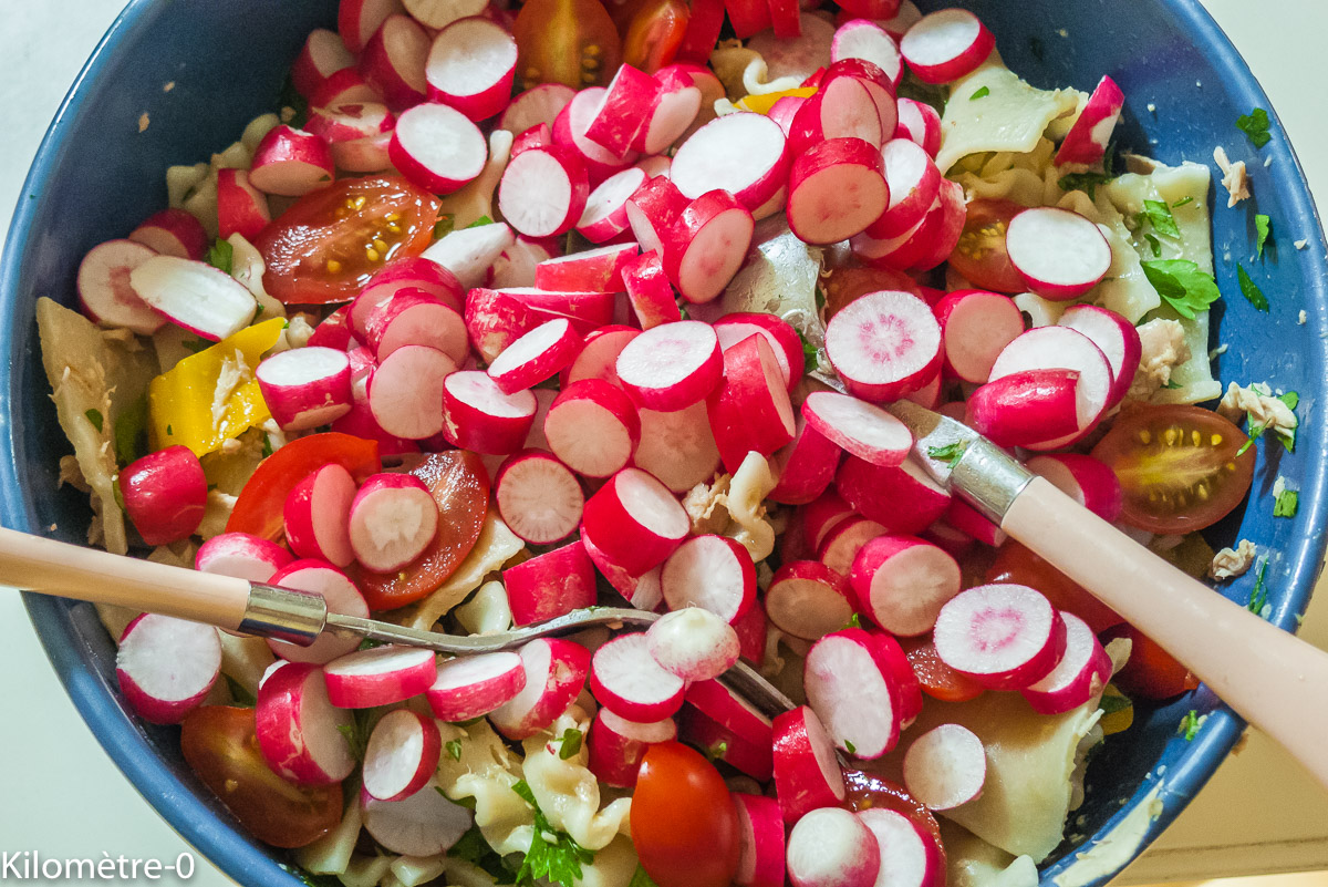 Photo de recette de salade de pâtes, composée, complète, radis de Kilomètre-0, blog de cuisine réalisée à partir de produits locaux et issus de circuits courts