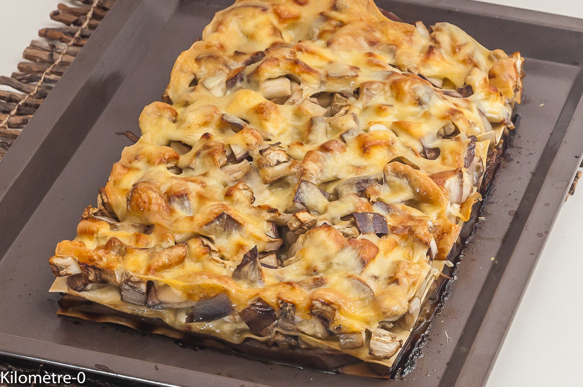 Photo de recette de lasagnes, champignons, jambon, aubergines, fromage de Kilomètre-0, blog de cuisine réalisée à partir de produits locaux et issus de circuits courts