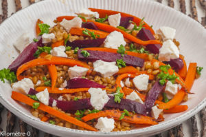 Photo de recette de salade de petit épeautre bio de Kilomètre-0, blog de cuisine réalisée à partir de produits locaux et issus de circuits courts