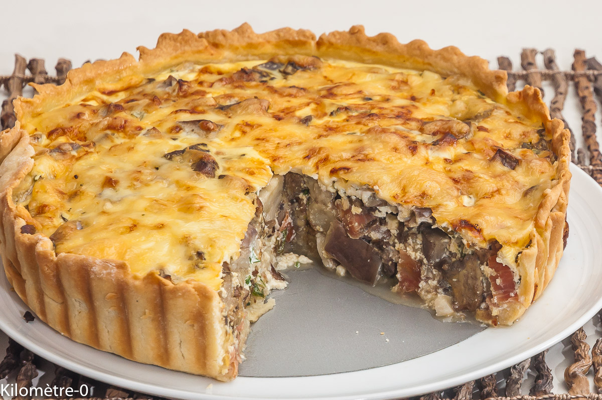 Photo de recette de quiche, aubergine, cèpes, ricotta, de Kilomètre-0, blog de cuisine réalisée à partir de produits locaux et issus de circuits courts