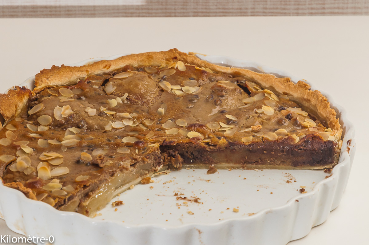 Photo de recette de tarte aux poires, chocolat, marrons de Kilomètre-0, blog de cuisine réalisée à partir de produits locaux et issus de circuits courts
