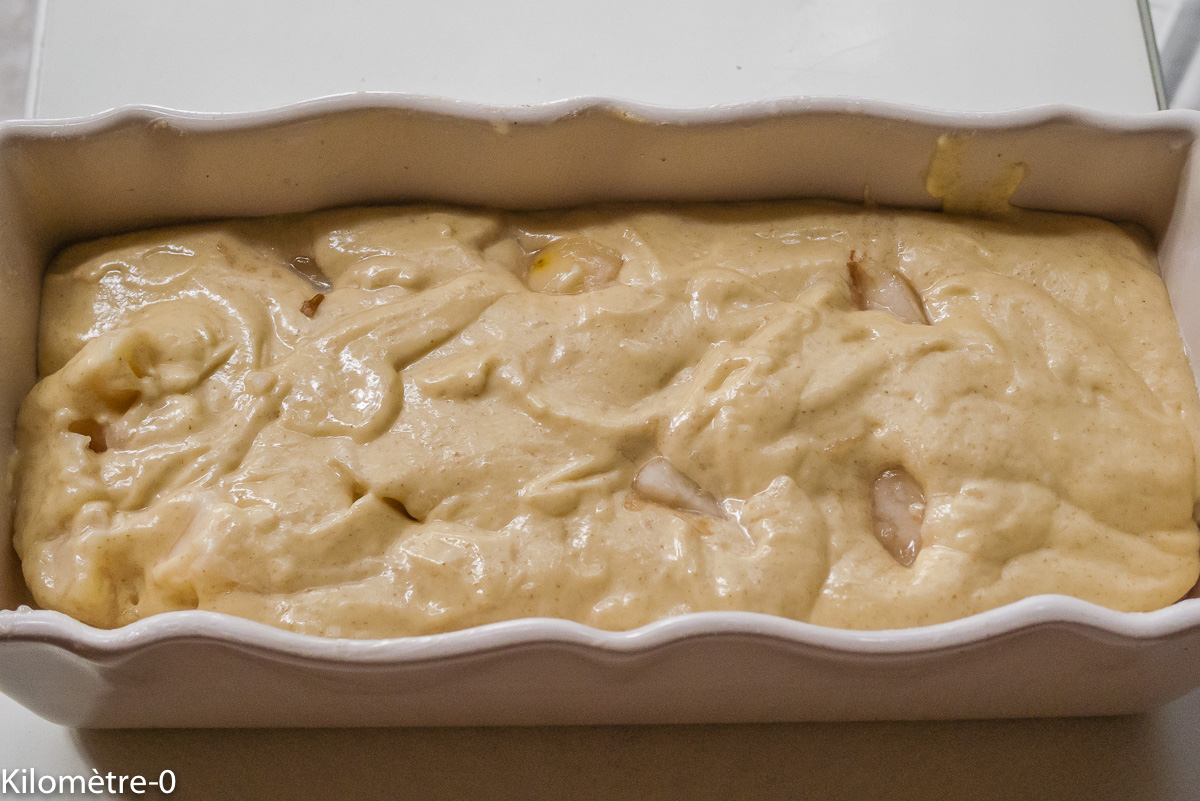 Photo de recette de gâteau du matin, cake, poire, vanille de Kilomètre-0, blog de cuisine réalisée à partir de produits locaux et issus de circuits courts