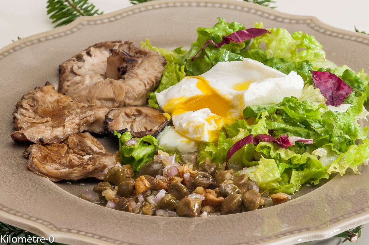 Photo de recette de salade, oeuf poché, lépiote, coulemelles de Kilomètre-0, blog de cuisine réalisée à partir de produits locaux et issus de circuits courts