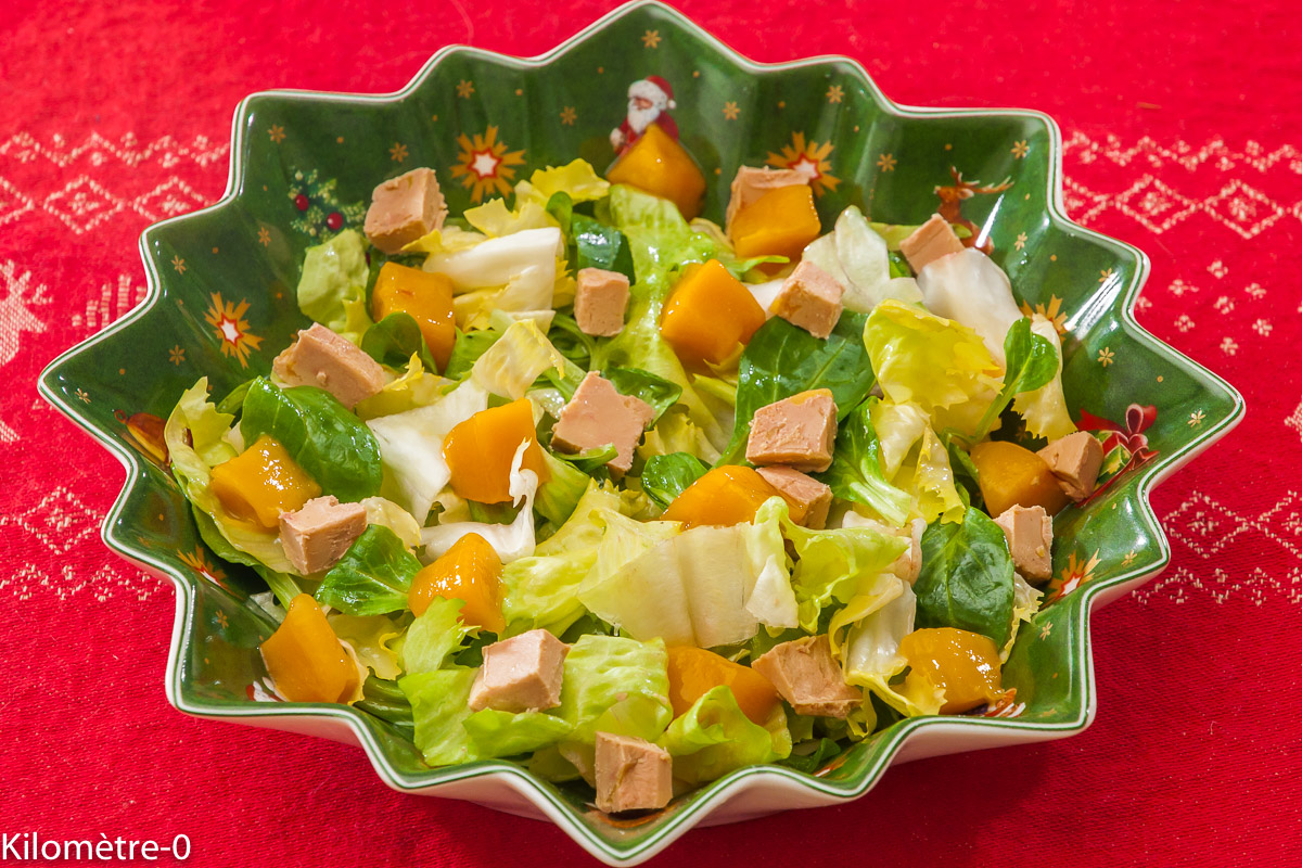 Photo de recette de foie gras, mangue, salade, Noël de Kilomètre-0, blog de cuisine réalisée à partir de produits locaux et issus de circuits courts
