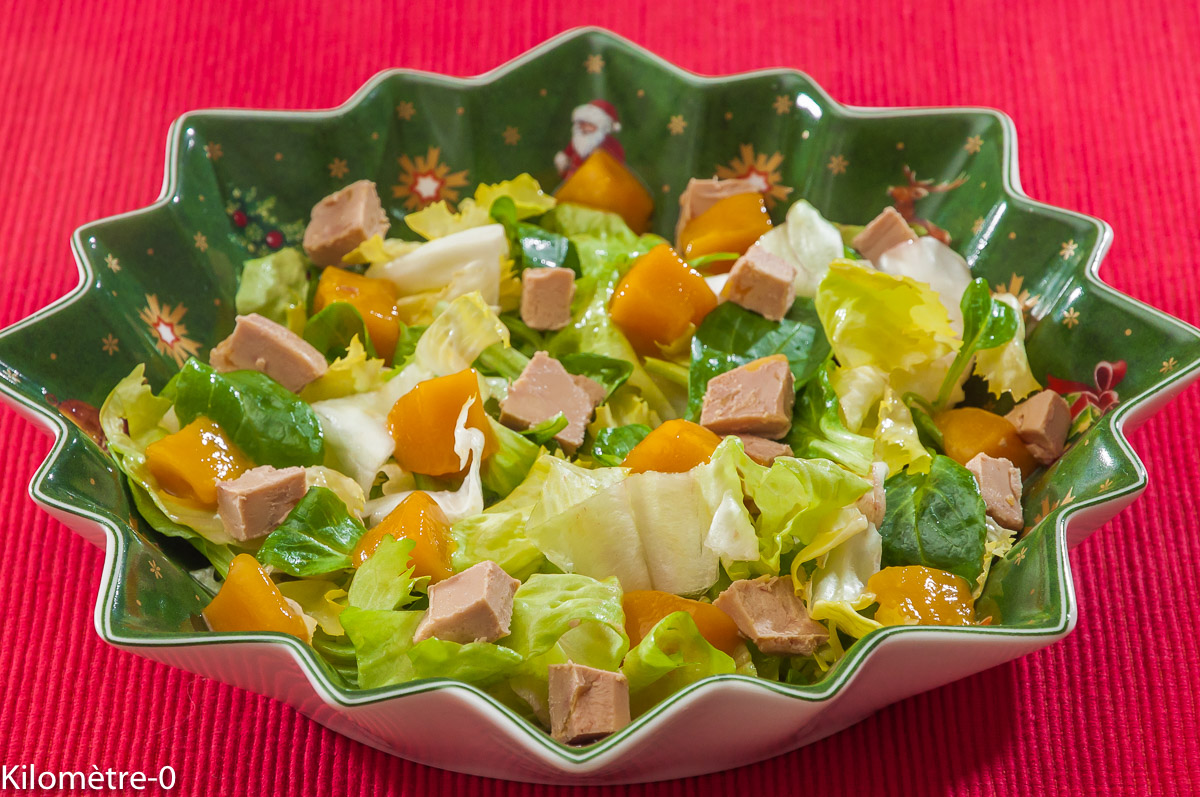 Photo de recette de salade foie gras, mangue, salade de Kilomètre-0, blog de cuisine réalisée à partir de produits locaux et issus de circuits courts