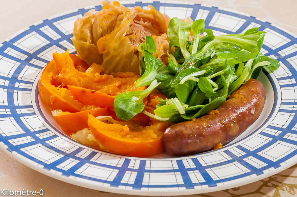 Photo de recette de saucisse au chou, potimarron de Kilomètre-0, blog de cuisine réalisée à partir de produits locaux et issus de circuits courts