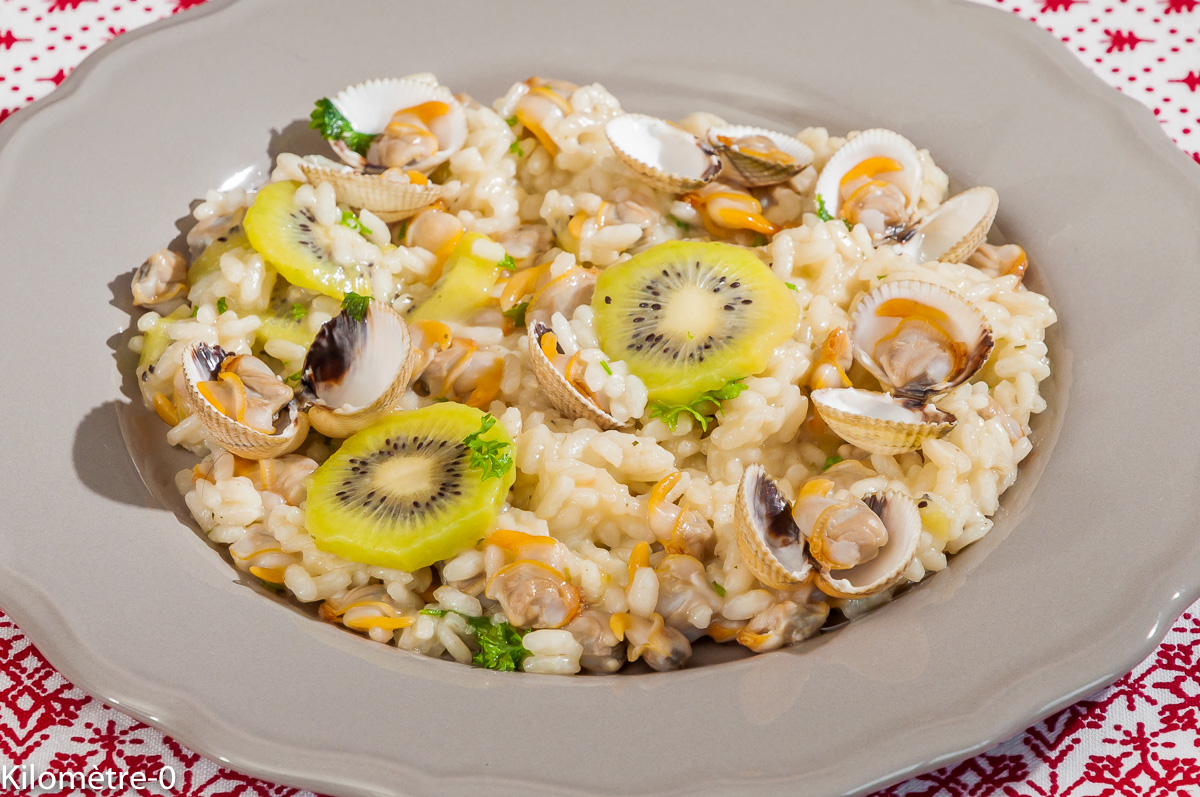 Photo de recette de coques, kiwis, risotto, facile, léger de Kilomètre-0, blog de cuisine réalisée à partir de produits locaux et issus de circuits courts