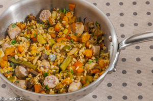 Photo de recette de poêlée, blé, saucisse, légumes, potimarron, patate douce, poireaux, facile, healthy, plat unique,   de Kilomètre-0, blog de cuisine réalisée à partir de produits locaux et issus de circuits courts