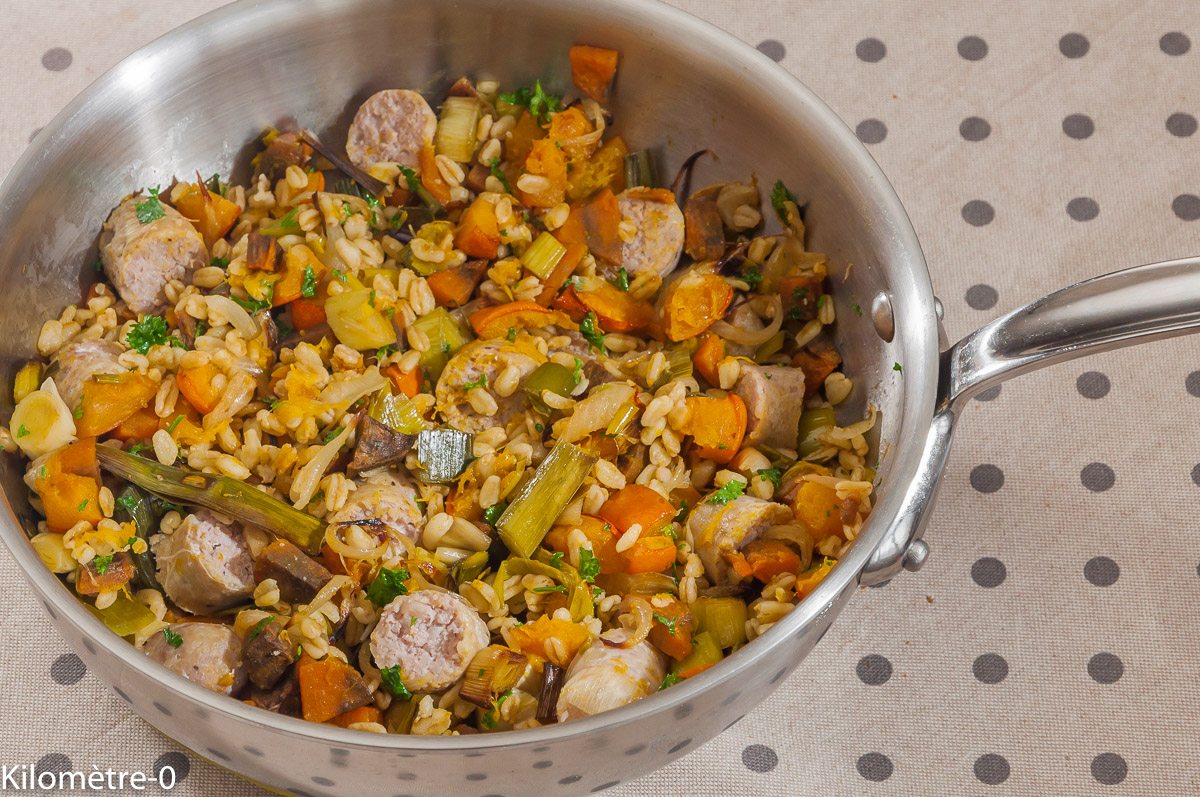 Photo de recette de blé, légumes, saucisses de Kilomètre-0, blog de cuisine réalisée à partir de produits locaux et issus de circuits courts