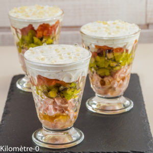 Photo de recette de verrine, apéro, saumon, citron, kiwis, entrée, facile, perles de saveurs yuzu de Kilomètre-0, blog de cuisine réalisée à partir de produits locaux et issus de circuits courts