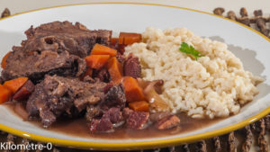 Photo de recette de joue de boeuf, carotte, riz, vin rouge de Kilomètre-0, blog de cuisine réalisée à partir de produits locaux et issus de circuits courts