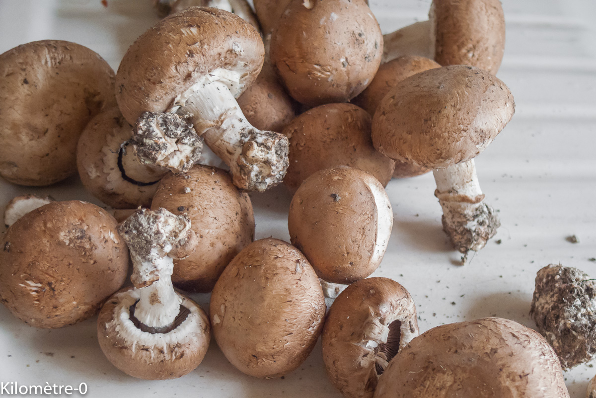 Photo de recette de champignons de Paris, bio de Kilomètre-0, blog de cuisine réalisée à partir de produits locaux et issus de circuits courts