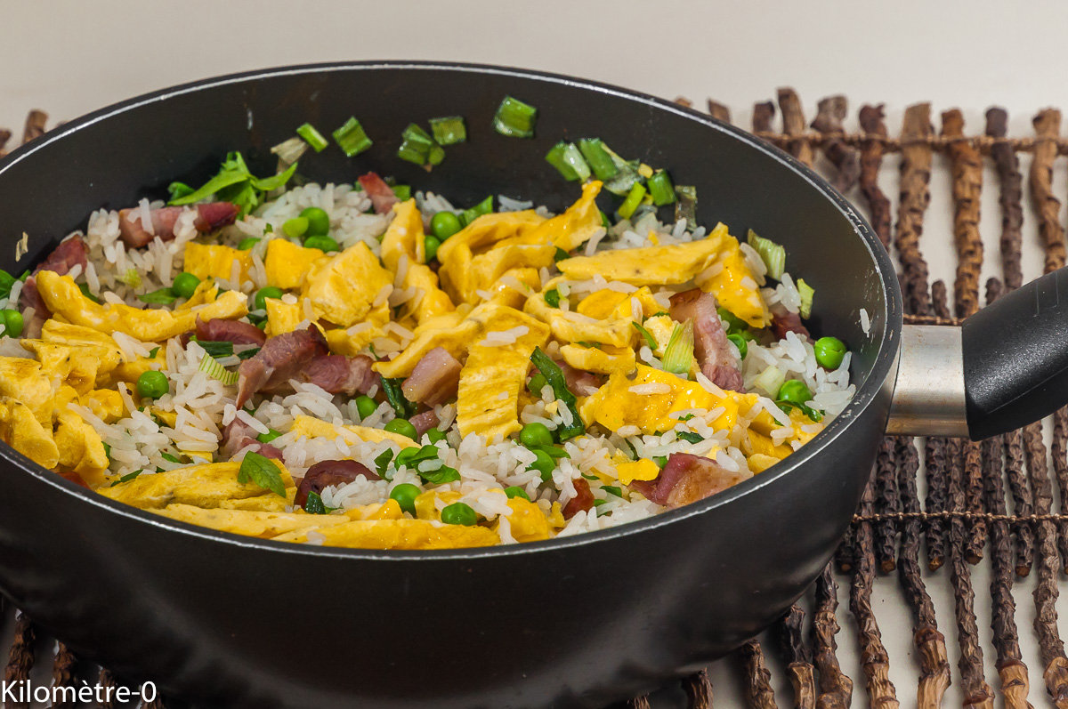 Photo de recette de riz cantonais, facile, bio de Kilomètre-0, blog de cuisine réalisée à partir de produits locaux et issus de circuits courts
