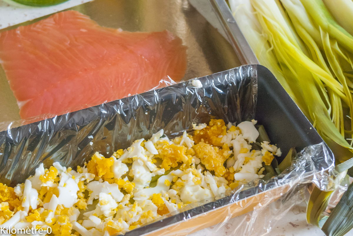 Photo de recette de terrine, poireau, saumon de Kilomètre-0, blog de cuisine réalisée à partir de produits locaux et issus de circuits courts