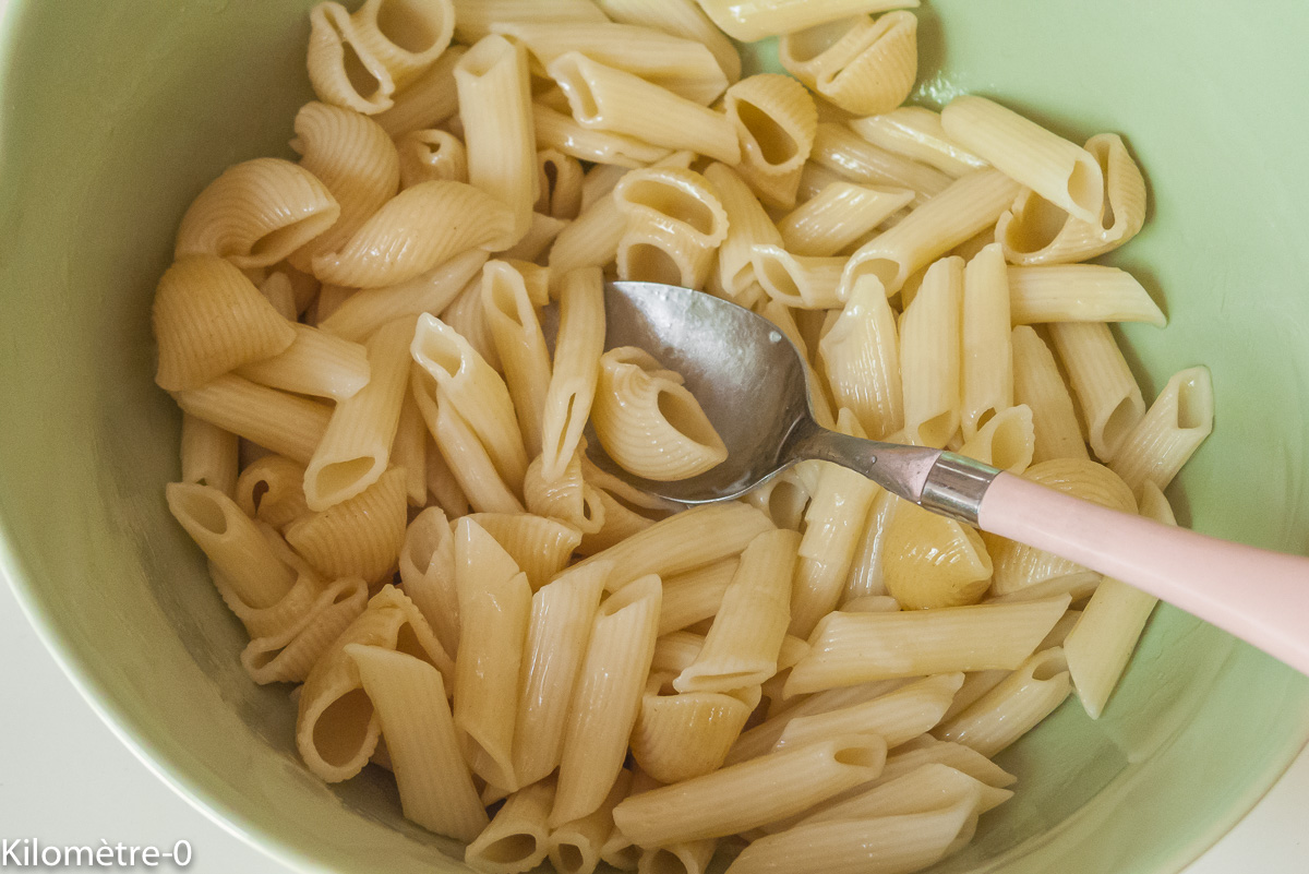 Photo de recette de salacde de pâtes, bio, facile, rapide, printemps de Kilomètre-0, blog de cuisine réalisée à partir de produits locaux et issus de circuits courts