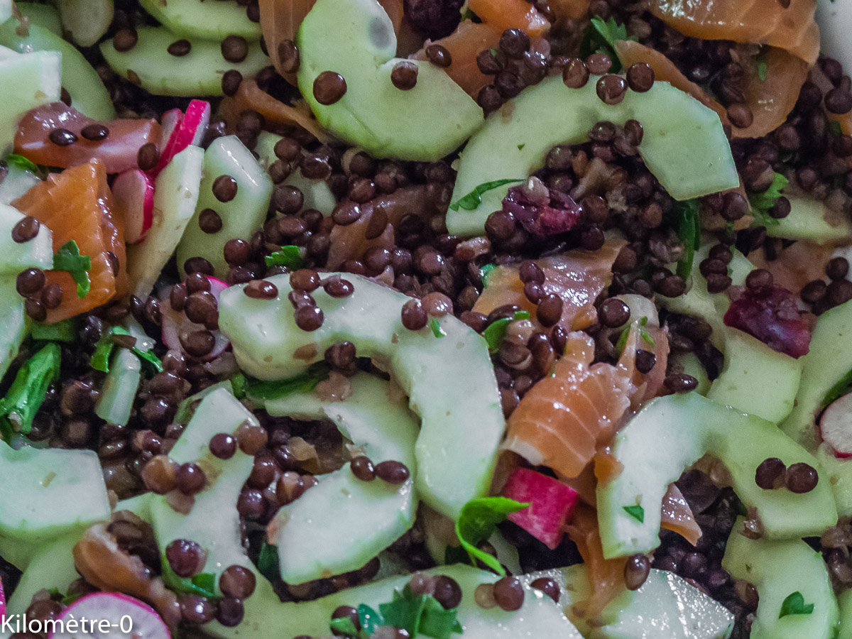 Photo de recette de salade de lentiles beluga, concombre, bio, saumon fumé, truite, persil, facile de Kilomètre-0, blog de cuisine réalisée à partir de produits locaux et issus de circuits courts