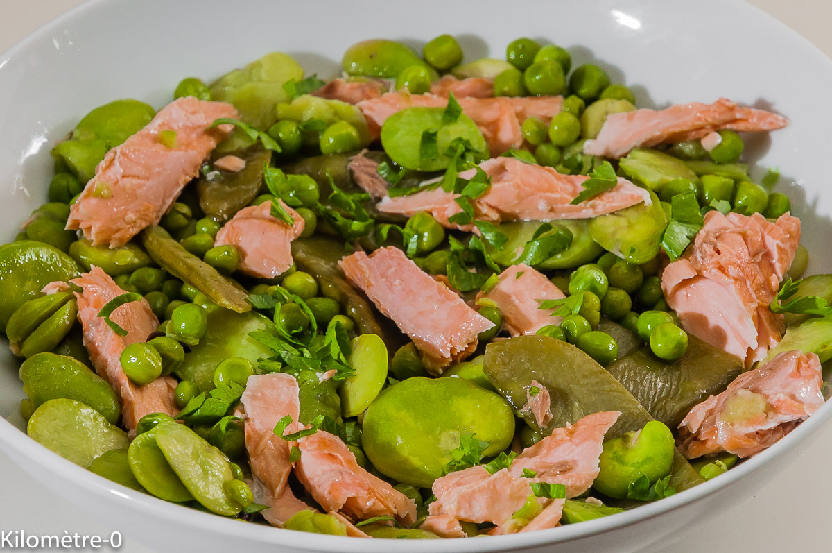 Photo de recette de salade, printemps, légumes, pois, saumon de Kilomètre-0, blog de cuisine réalisée à partir de produits locaux et issus de circuits courts