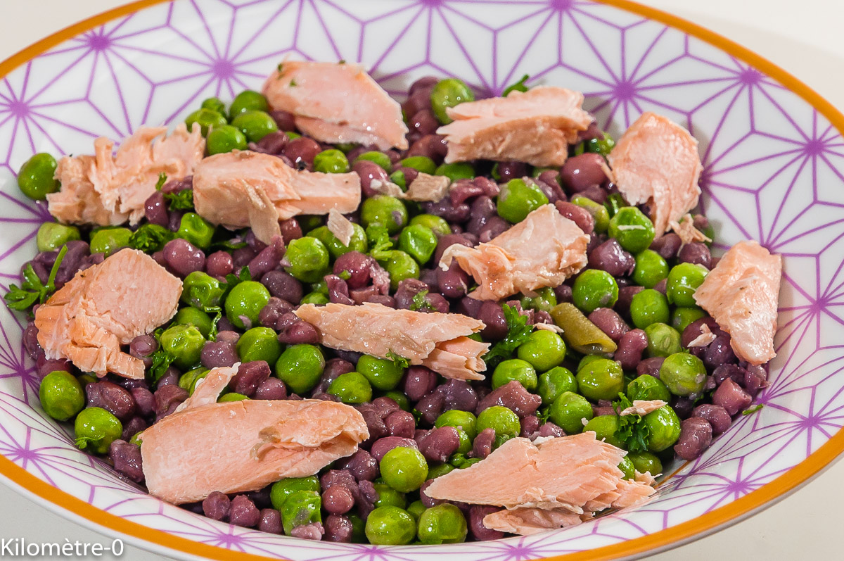Photo de recette de salade, petits pois, haricots azuki, saumon, fraiche, facile, four vapeur de Kilomètre-0, blog de cuisine réalisée à partir de produits locaux et issus de circuits courts