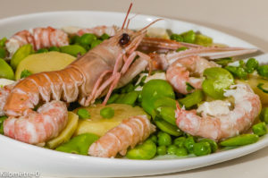 Photo de recette de salade langoustines, légumes, printanière, petits pois, fèves, pomme de terre, fines herbes, four vapeur de Kilomètre-0, blog de cuisine réalisée à partir de produits locaux et issus de circuits courts