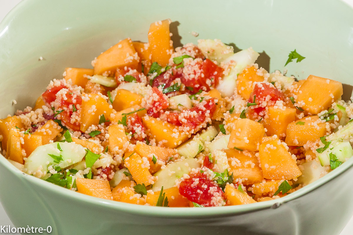 Photo de recette de taboulé facile au melon de Kilomètre-0, blog de cuisine réalisée à partir de produits locaux et issus de circuits courts