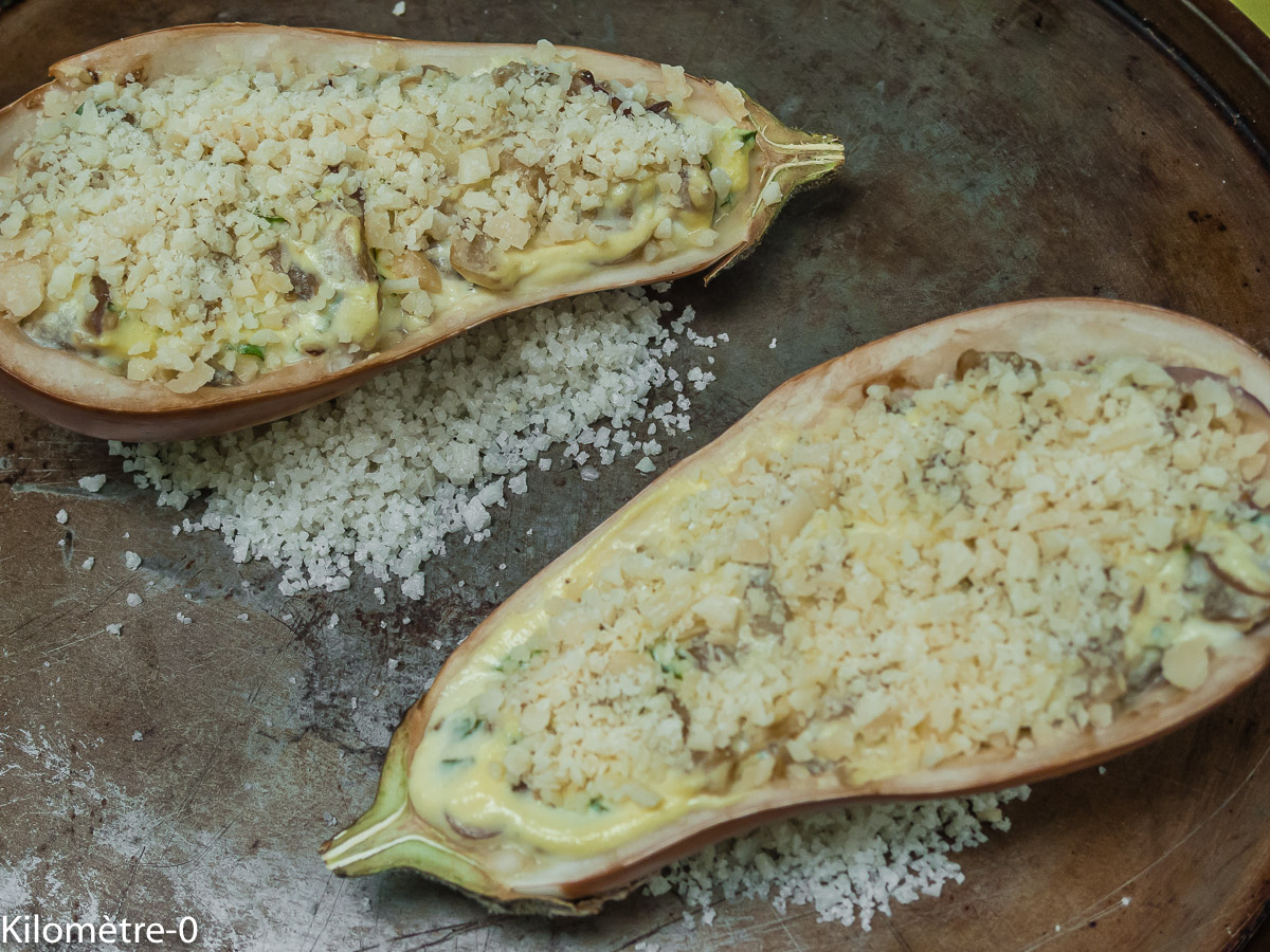 Photo de recette d'aubergine farcie de Kilomètre-0, blog de cuisine réalisée à partir de produits locaux et issus de circuits courts