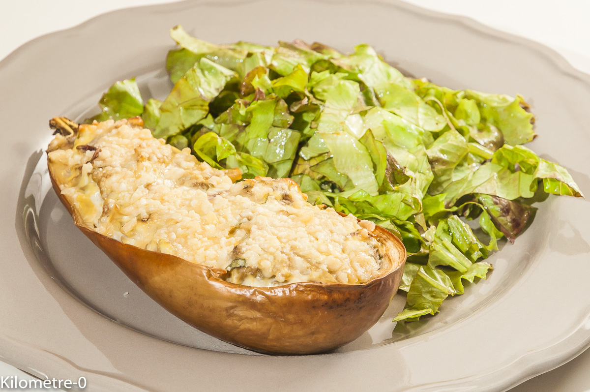Photo de recette végétarienne d'aubergine, de Kilomètre-0, blog de cuisine réalisée à partir de produits locaux et issus de circuits courts