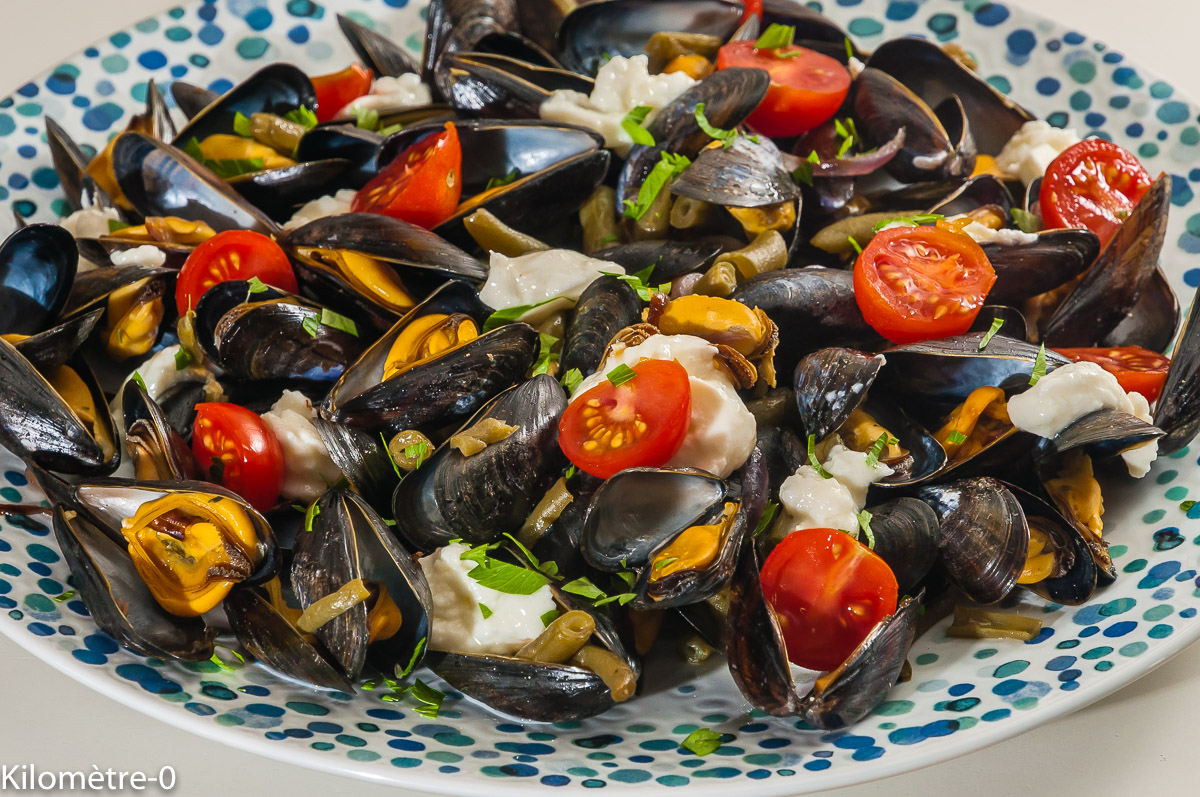 Photo de recette de moules, facile, originale, haricots verts, mozzarella, fruits de mer, légère, rapide de Kilomètre-0, blog de cuisine réalisée à partir de produits locaux et issus de circuits courts