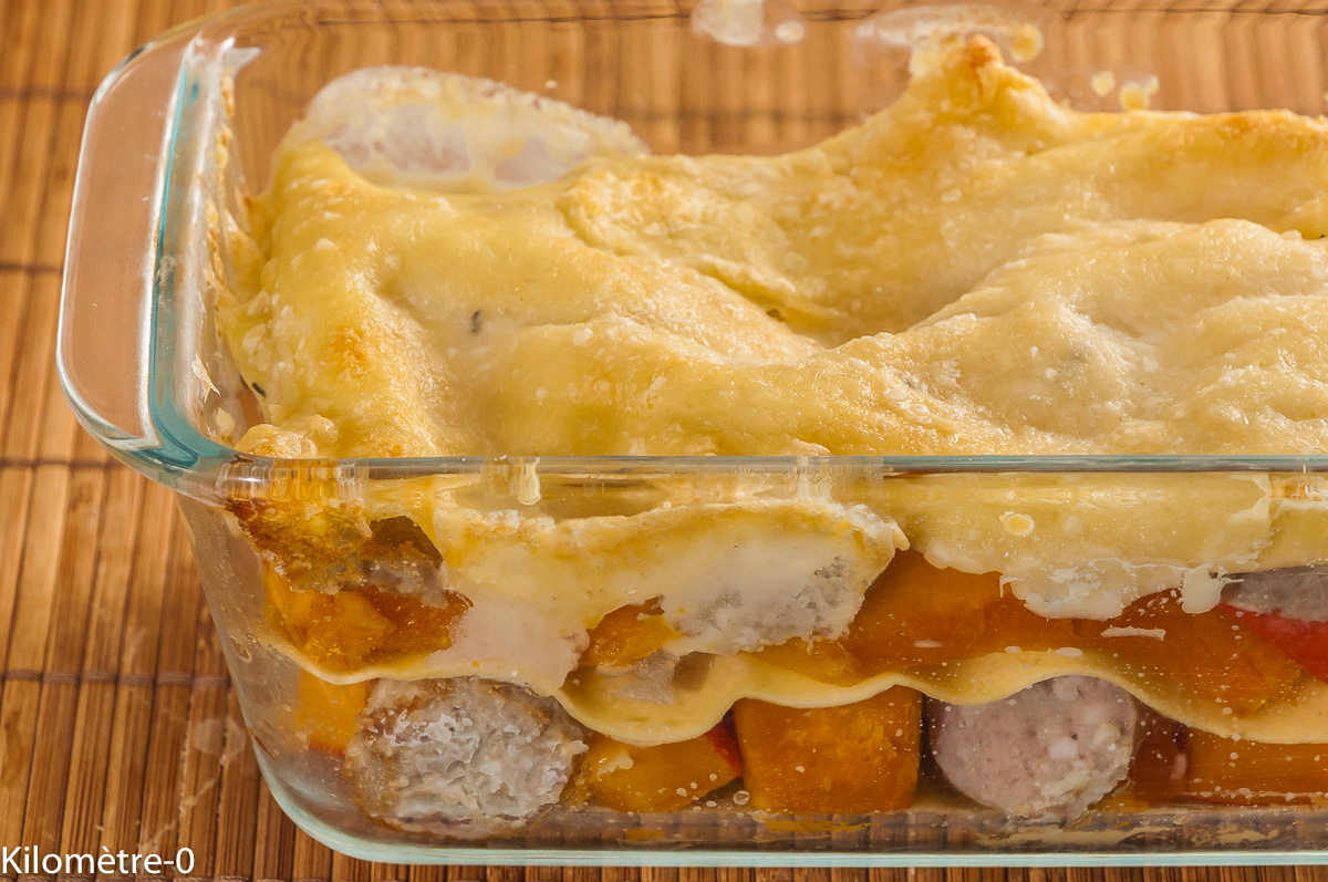Photo de recette de lasagnes, potimarron, saucisses, automne de Kilomètre-0, blog de cuisine réalisée à partir de produits locaux et issus de circuits courts