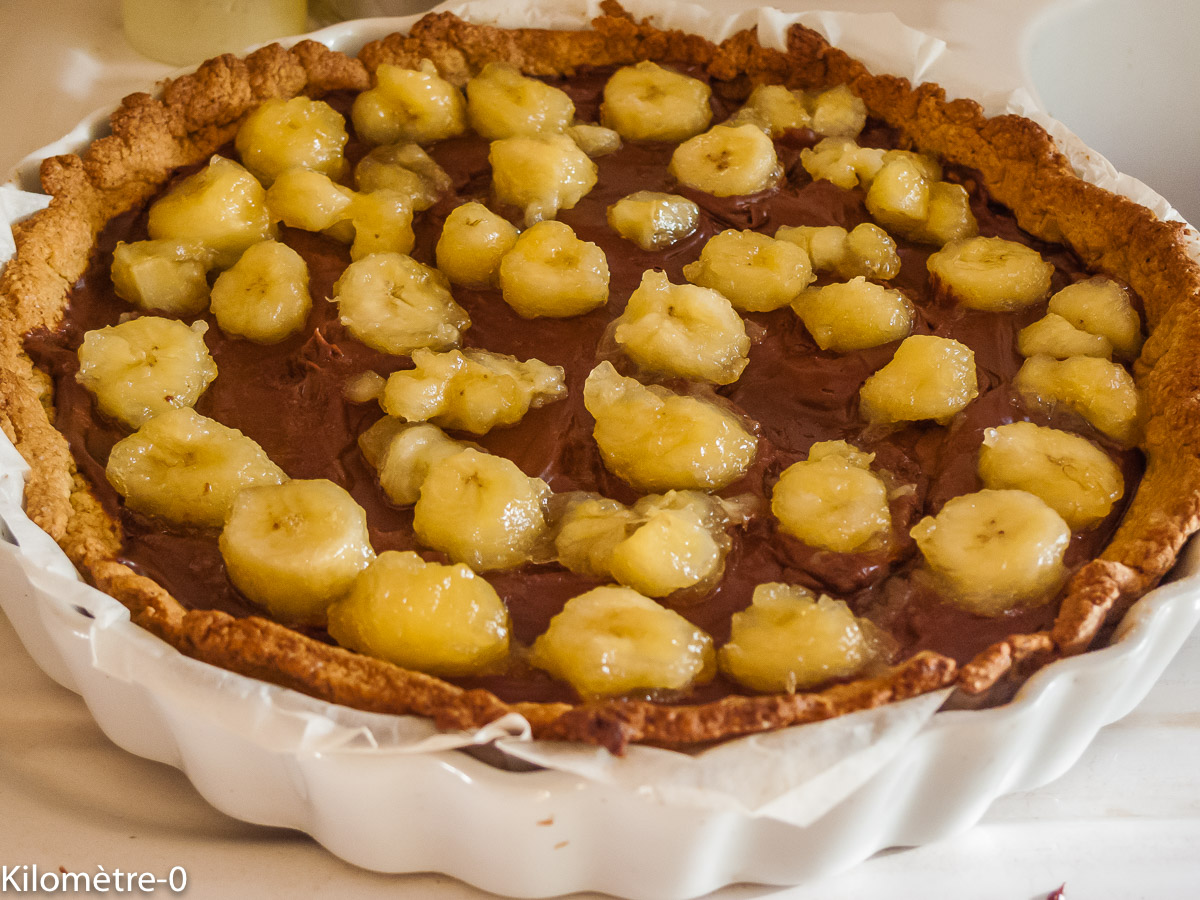 Photo de recette de tarte aux bananes caramélisées de Kilomètre-0, blog de cuisine réalisée à partir de produits locaux et issus de circuits courts