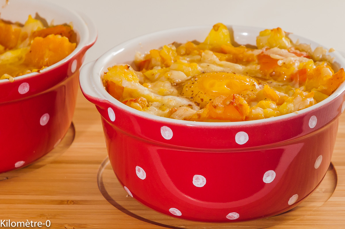 Photo de recette de gratin, cocotte, potimarron, oeufs ,pommes de terre, comté de Kilomètre-0, blog de cuisine réalisée à partir de produits locaux et issus de circuits courts