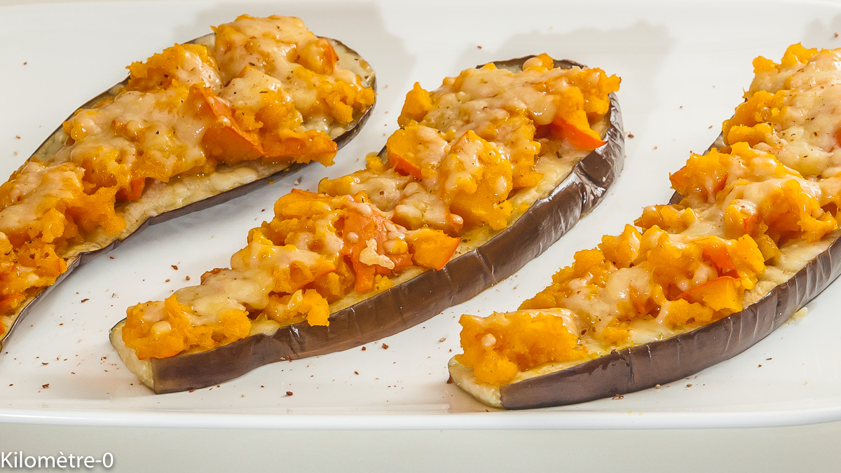 Photo de recette d'aubergines, végétarienne, potimarron, automne de Kilomètre-0, blog de cuisine réalisée à partir de produits locaux et issus de circuits courts