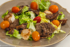 Photo de recette de salade, saint jacques, coulemelles de Kilomètre-0, blog de cuisine réalisée à partir de produits locaux et issus de circuits courts