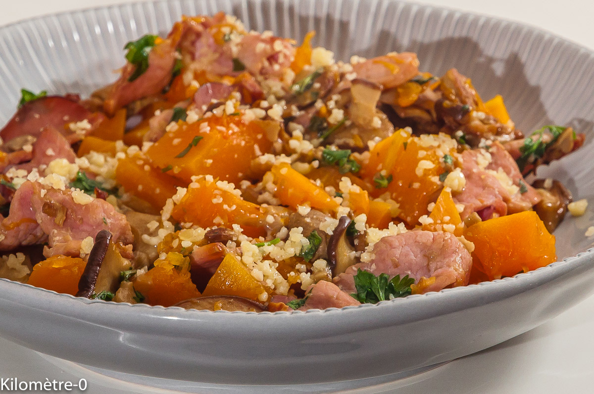 Photo de recette de bacon, butternut, cèpes, poelée, facile, automne Kilomètre-0, blog de cuisine réalisée à partir de produits locaux et issus de circuits courts