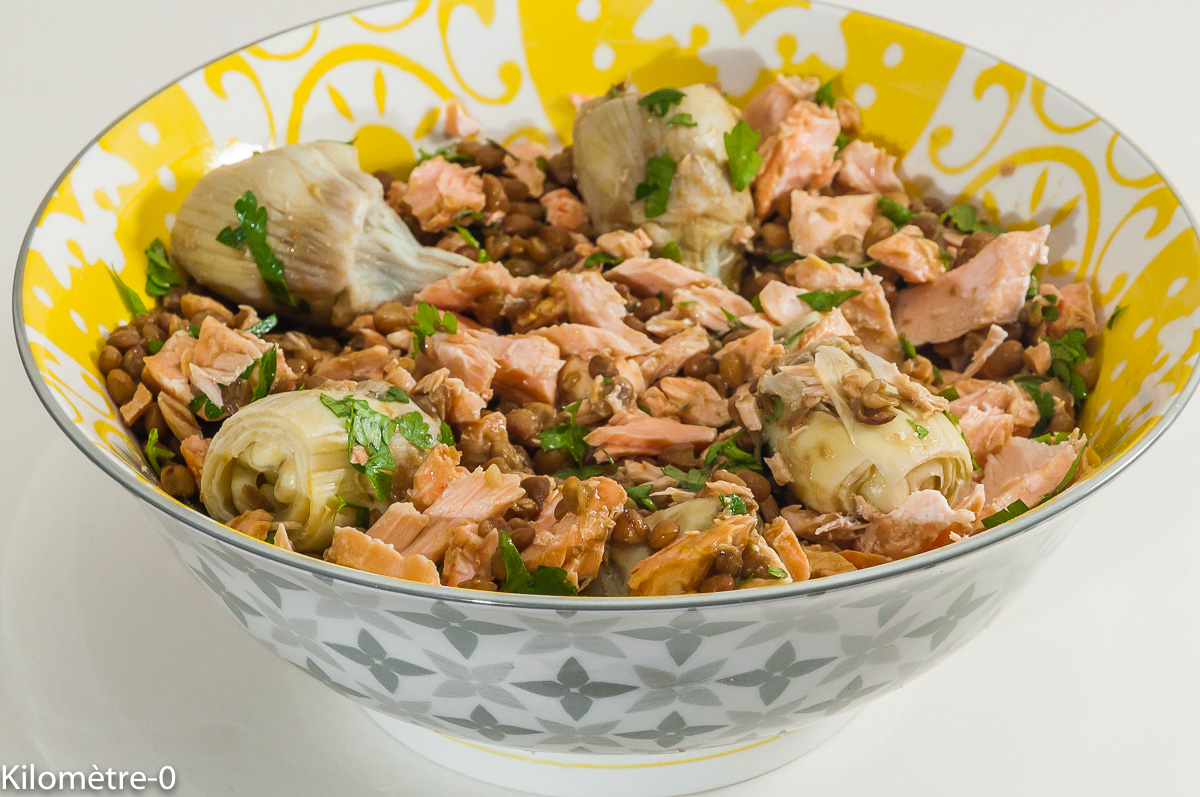 Photo de recette de lentilles au saumon, facile de Kilomètre-0, blog de cuisine réalisée à partir de produits locaux et issus de circuits courts