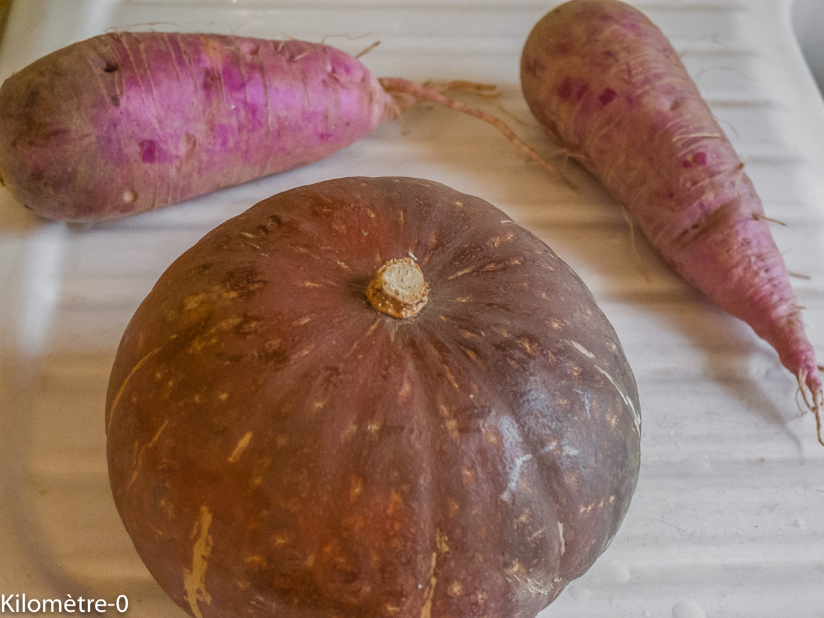 Photo de recette de potiron doux vert d'hokkaido, radis rose japonais, Kilomètre-0, blog de cuisine réalisée à partir de produits locaux et issus de circuits courts