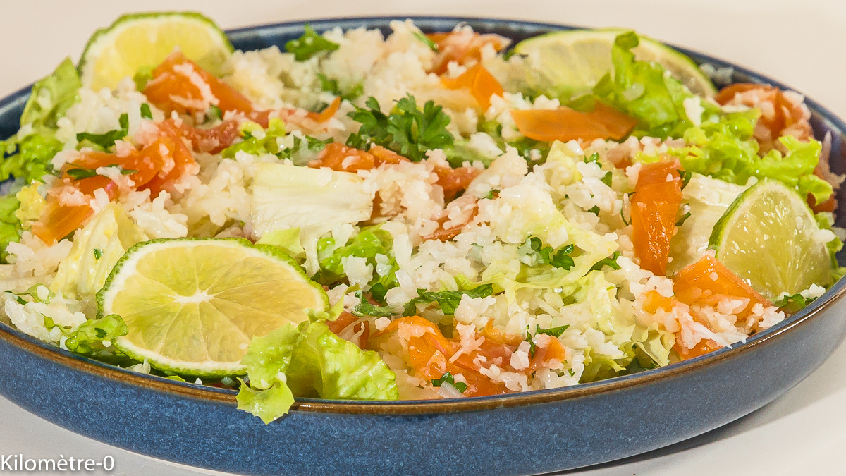 Photo de recette de chou fleur, salade, facile, légère, saumon fumé, truite fumée, Kilomètre-0, blog de cuisine réalisée à partir de produits locaux et issus de circuits courts