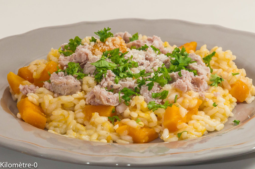 Photo de recette de risotto, potimarron, saucisse, facile, léger, rapide, italienne, bio de  Kilomètre-0, blog de cuisine réalisée à partir de produits locaux et issus de circuits courts