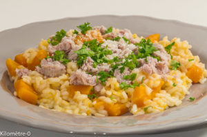 Photo de recette de risotto, potimarron, saucisse, facile, léger, rapide, italienne, bio de  Kilomètre-0, blog de cuisine réalisée à partir de produits locaux et issus de circuits courts